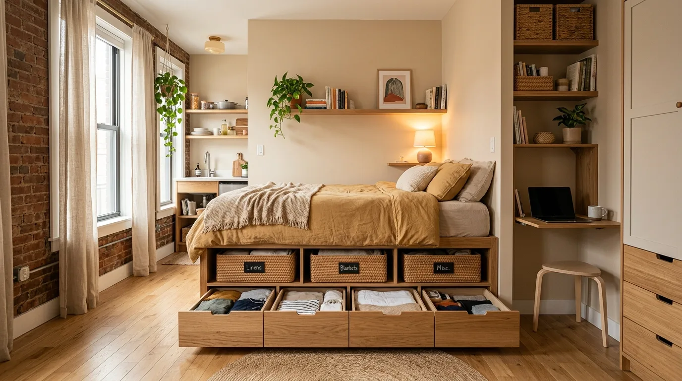 Use under-bed storage as part of the design inspiration for a studio apartment.
